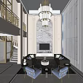 Duplex Living Room Interior With High Ceiling Crystal Chandelier And Marble Accent Wall