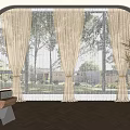 Beige Curtains With Sheer Panels Hanging At Arched Window Wooden Floor Small Table And Plant