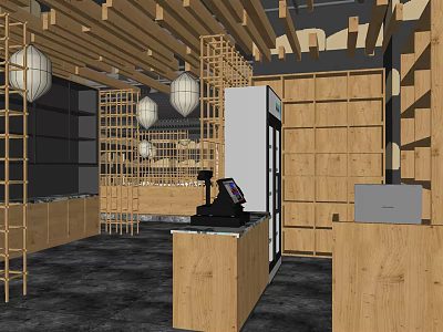 Modern Wooden Restaurant Interior With Hanging Lamps Display Shelves And Open Counter 3d model