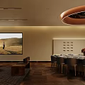Elegant Modern Private Dining Room With Round Table Chairs Ceiling Light And Wall Decorations