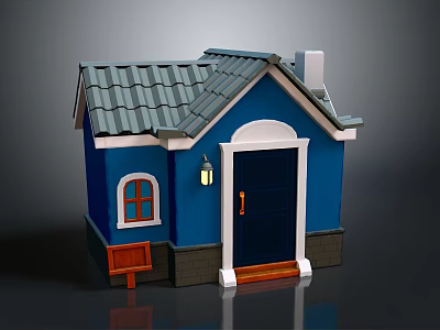 Blue House With Gray Tiled Roof White Door Frame Red Bench And Wall Lantern 3d model