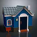 Blue House With Gray Tiled Roof White Door Frame Red Bench And Wall Lantern