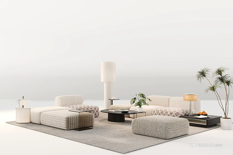 Modern Sofa Coffee Table Set With Ottoman Rug Floor Lamp And Plant Decor 3d model 