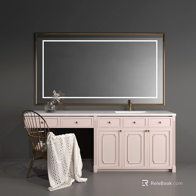 Bathroom Vanity With Large Gold Mirror White Countertop Pink Cabinets And Knitted Blanket On Chair 3d model 