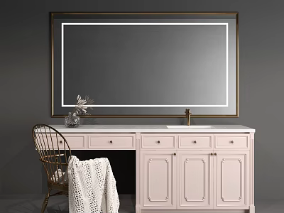 Bathroom Vanity With Large Gold Mirror White Countertop Pink Cabinets And Knitted Blanket On Chair 3d model