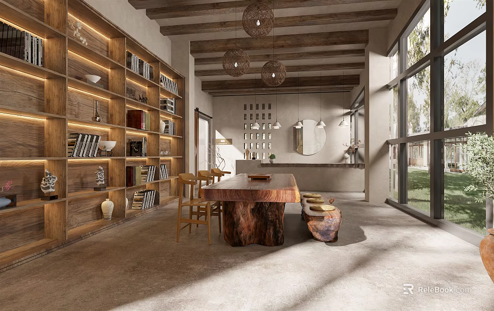 Rustic Tea Room Interior With Wooden Bookshelves Long Table Hanging Lamps And Large Windows 3d model 