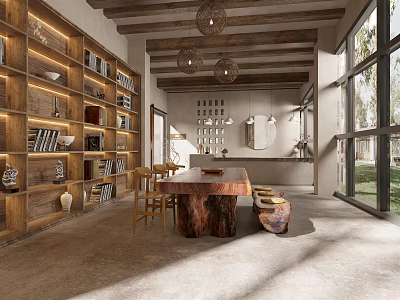 Rustic Tea Room Interior With Wooden Bookshelves Long Table Hanging Lamps And Large Windows 3d model