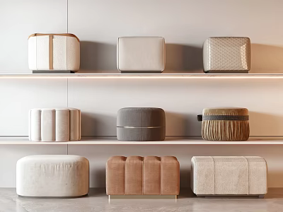 Stylish Upholstered Ottomans in Multiple Colors Arranged on Wooden Shelves 3d model