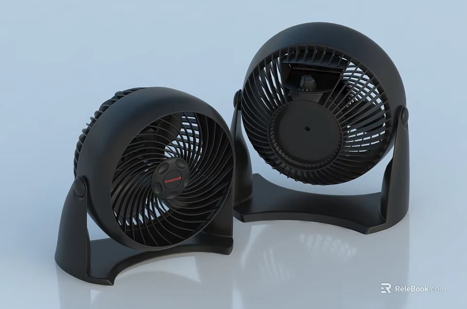 Two Black Round Air Cooler Fans With Stable Base For Tabletop Use 3d model 