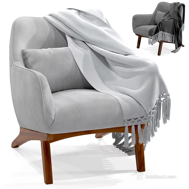 Cozy Light Gray Armchair With Cushion And Fringed Blanket On Wooden Legs 3d model 