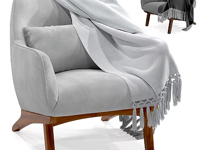 Cozy Light Gray Armchair With Cushion And Fringed Blanket On Wooden Legs 3d model