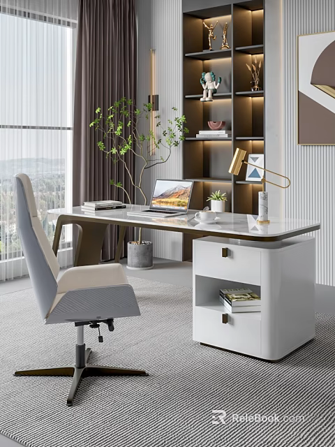 Modern Home Office Desk With Ergonomic Chair Laptop Lamp Green Plant And Books 3d model 