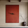 Red Painting on Beige Wall with Bare Branch in Ceramic Vase