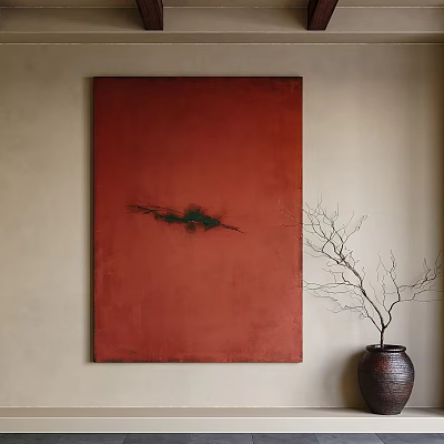 Red Painting on Beige Wall with Bare Branch in Ceramic Vase 3d model
