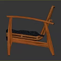Wooden Leisure Chair with Vertical Slat Backrest Curved Armrests and Blue Cushioned Seat