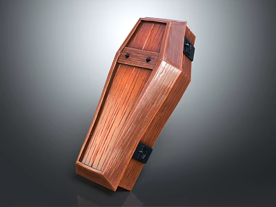 Wooden Coffin With Natural Wood Grain And Black Metal Hinges Design 3d model