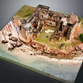 Cartoon Scenic Castle Model By Seaside With Grass Sand Rocks And Ancient Walls