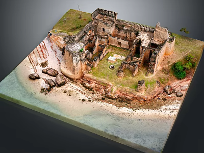 Cartoon Scenic Castle Model By Seaside With Grass Sand Rocks And Ancient Walls 3d model
