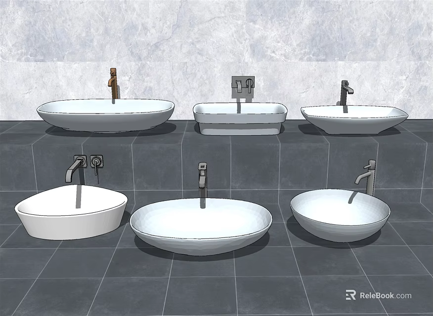 Various White Washbasin Designs On Grey Countertop With Textured Wall Background 3d model 
