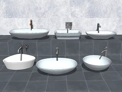 Various White Washbasin Designs On Grey Countertop With Textured Wall Background 3d model
