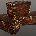 Vintage Brown Trunks With Red Straps Gold Metal Accents And EWR Letters