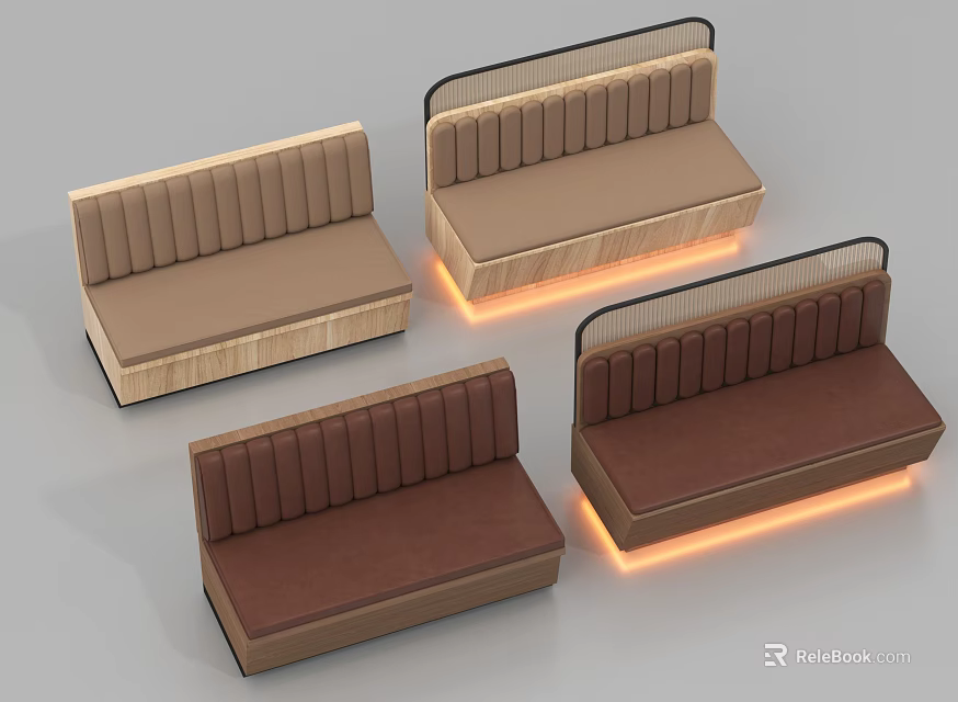 Modern Booth Sofas with Brown Beige Upholstery Wooden Frame and LED Lighting 3d model 