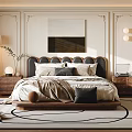 Elegant Modern Bedroom Interior With Large Bed Headboard Art Table Lamps Blinds And Area Rug