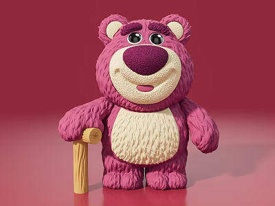 Pink Stuffed Bear Doll with Purple Nose Beige Belly Holding Wooden Cane on Red Background 3d model