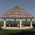 Multi Layered Thatched Roof Landscape Pavilion With Stone Base Columns And Grassland Setting
