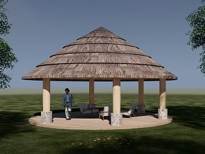 Multi Layered Thatched Roof Landscape Pavilion With Stone Base Columns And Grassland Setting 3d model