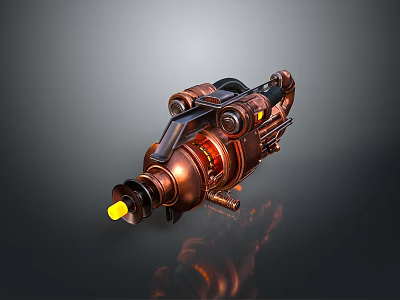 Copper Mechanical Weapon with Yellow Tip and Glowing Elements Mechanical Structure and Gear Details 3d model