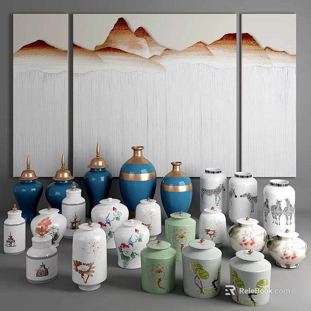 Ceramic Vessels With Assorted Colors Golden Rims And Traditional Patterns Against Mountain Landscape Paintings 3d model 