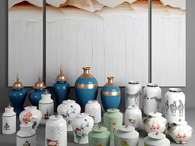 Ceramic Vessels With Assorted Colors Golden Rims And Traditional Patterns Against Mountain Landscape Paintings 3d model
