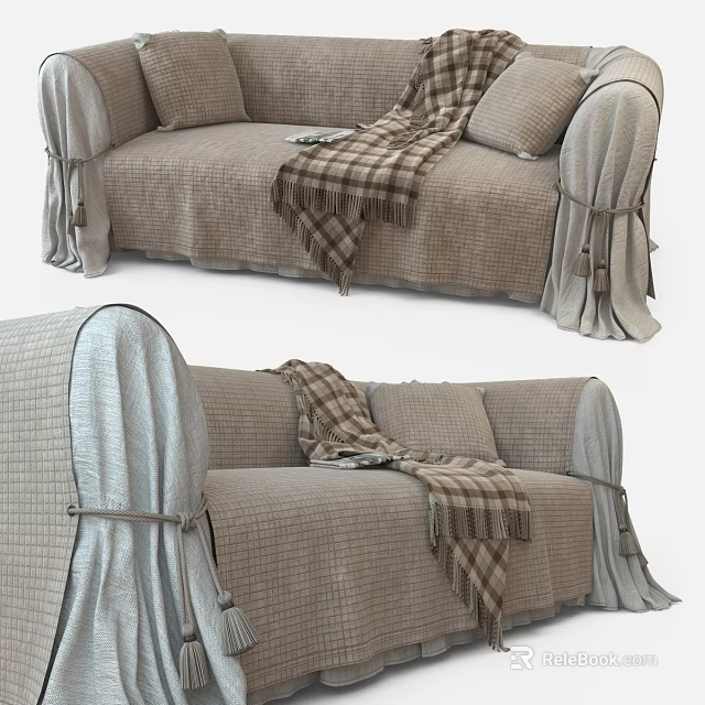 Cozy Two Seater Sofa With Soft Cushions Plaid Blanket And Textured Fabric Skirt 3d model 