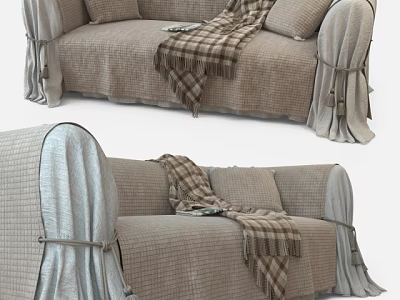 Cozy Two Seater Sofa With Soft Cushions Plaid Blanket And Textured Fabric Skirt 3d model