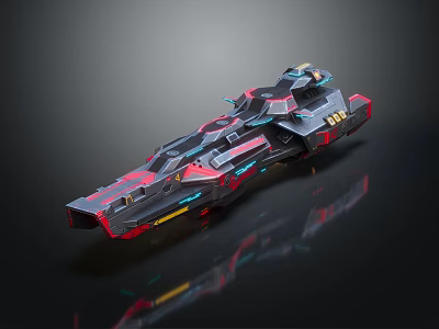 Sci Fi Spaceship with Black Red Blue Colors Futuristic Design Glowing Lines on Reflective Surface 3d model