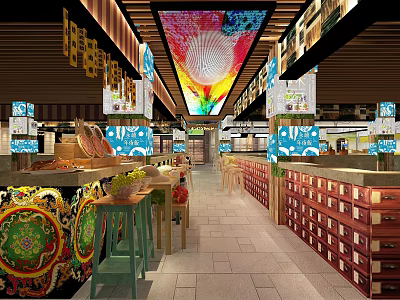 Restaurant Interior With Colorful Ceiling Design Wooden Stalls And Traditional Decorations 3d model