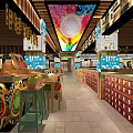 Restaurant Interior With Colorful Ceiling Design Wooden Stalls And Traditional Decorations