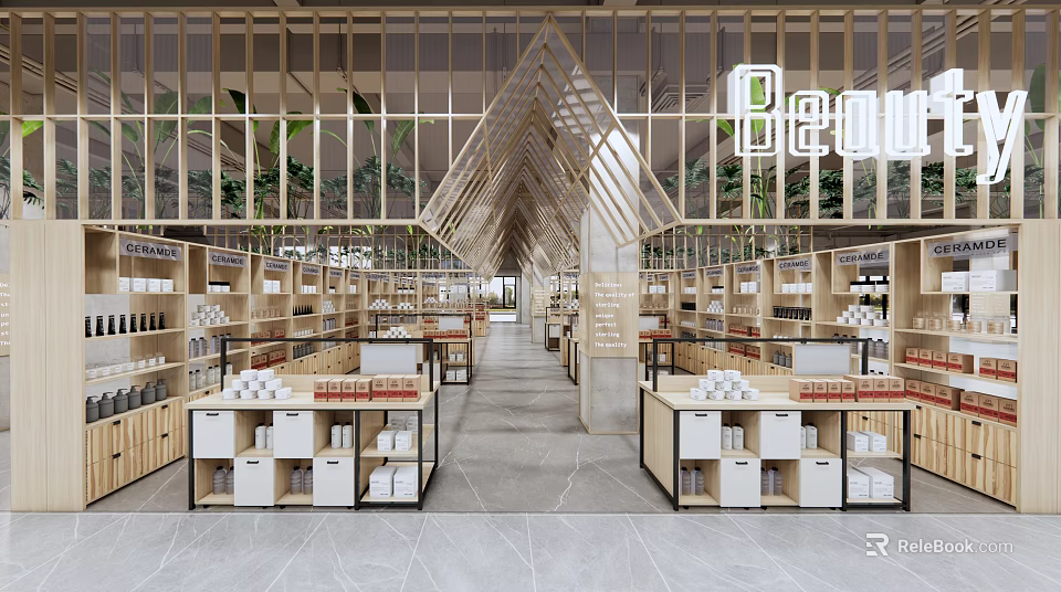 Supermarket Department Store Modern Interior With Wooden Shelves Displayed Products And Green Plants 3d model 