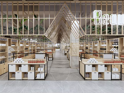 Supermarket Department Store Modern Interior With Wooden Shelves Displayed Products And Green Plants 3d model