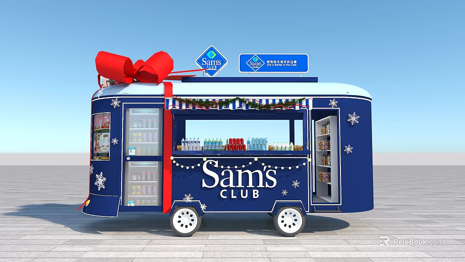 Sams Club Blue Mobile Retail Cart With Christmas Decorations Red Bow And Beverage Displays 3d model 