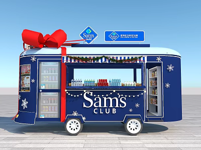 Sams Club Blue Mobile Retail Cart With Christmas Decorations Red Bow And Beverage Displays 3d model