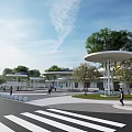 Urban Park Landscape with Green Roof Buildings Circular Design Curved Walkways and Trees