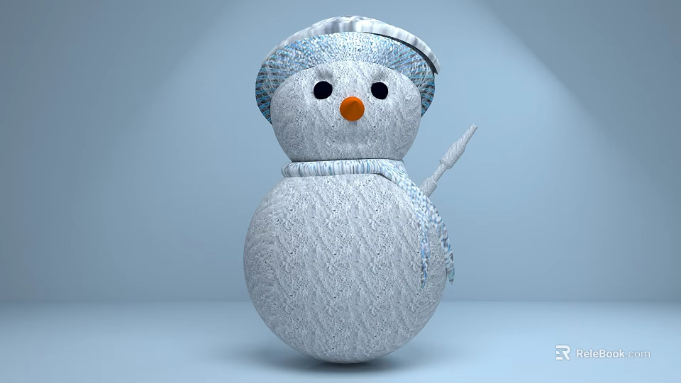 Cute Plush Snowman With Blue Knitted Hat Scarf And Orange Carrot Nose 3d model 