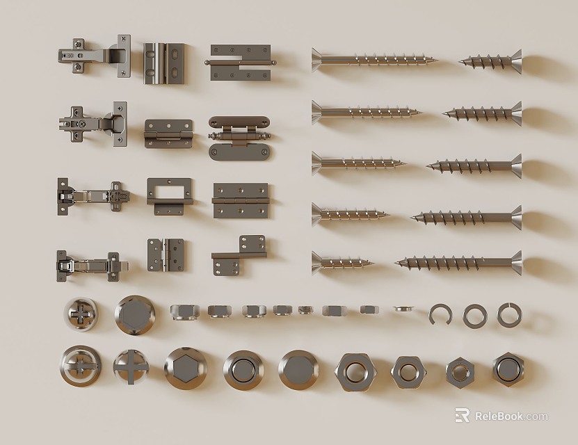 Assorted Metal Hardware Parts Including Hinges Screws Knobs And Fasteners 3d model 