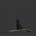 Gray Cat Sitting on Rustic Wooden Platform with Red Ball and Blue Butterflies