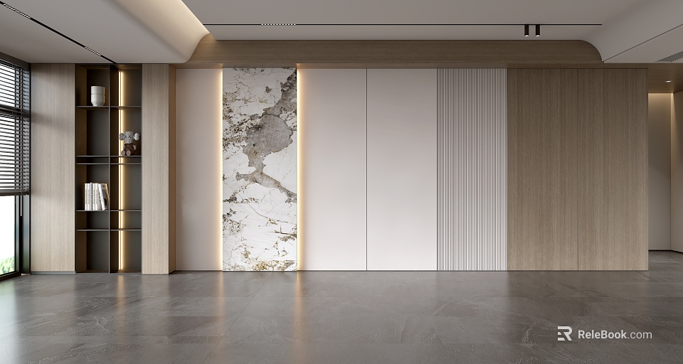 Modern Sofa Background Wall With Marble Texture White Panels Wooden Elements And Lighting Strips 3d model 