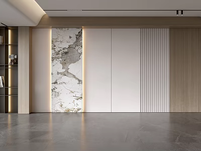 Modern Sofa Background Wall With Marble Texture White Panels Wooden Elements And Lighting Strips 3d model