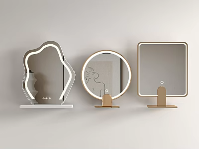 Three Modern Different Shapes Tabletop Mirrors With Illuminated Edges And Stands 3d model