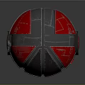 Mechanical Sphere Design With Red And Black Metallic Panels And Geometric Patterns